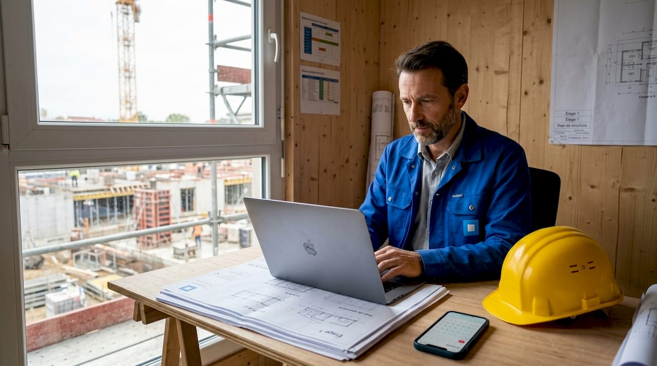 Conducteur de travaux supervisant les réservations directement sur ordinateur