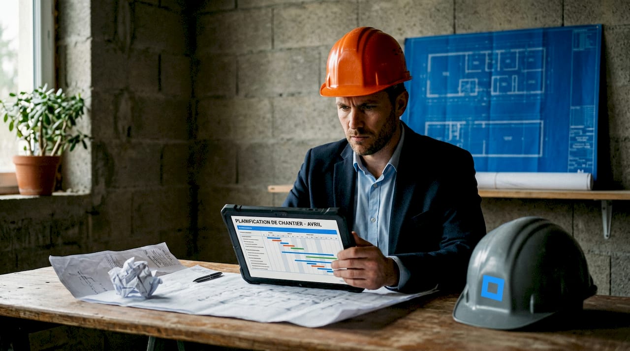 Un conducteur de travaux consulte des plans sur sa tablette depuis son bureau.