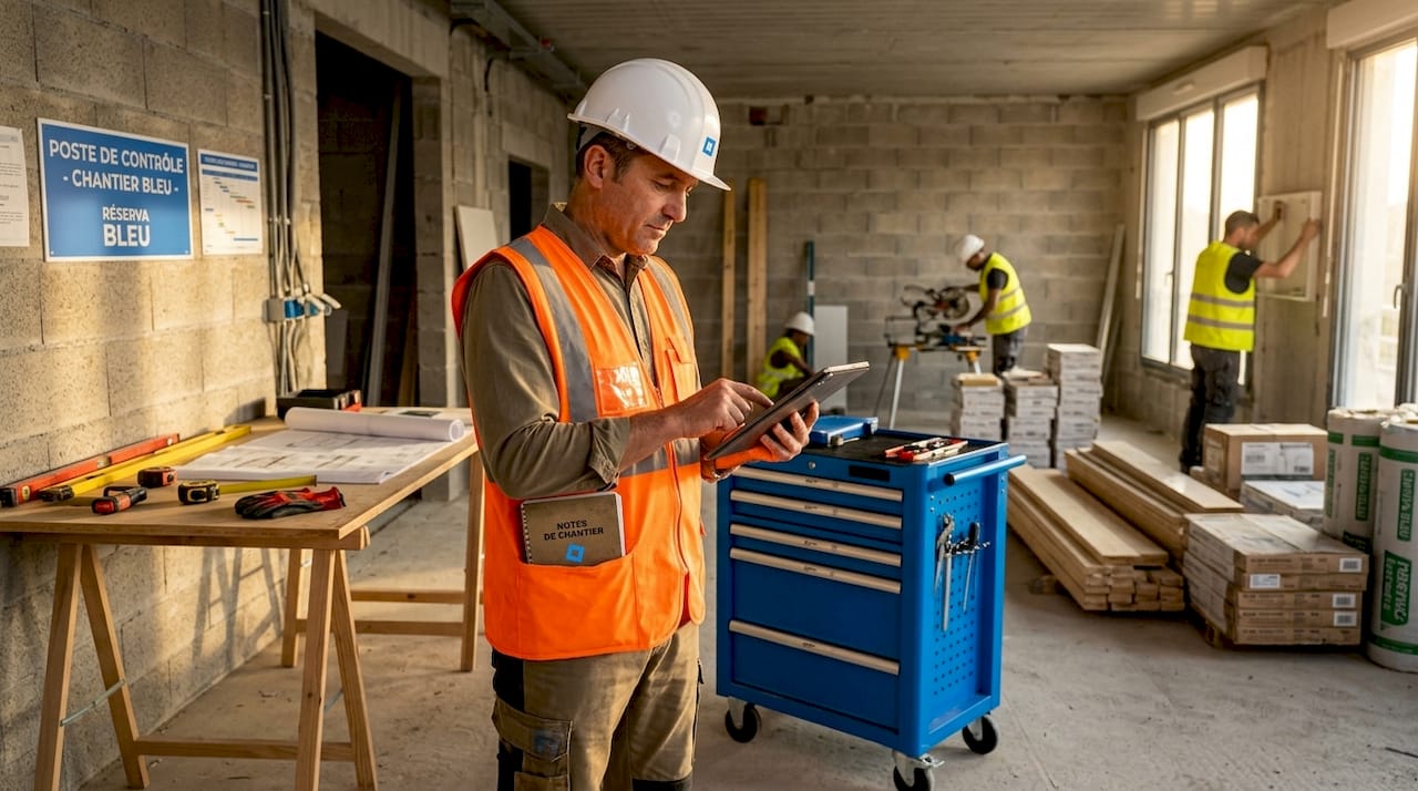 Conducteur de travaux en pleine supervision de chantier, tablette à la main