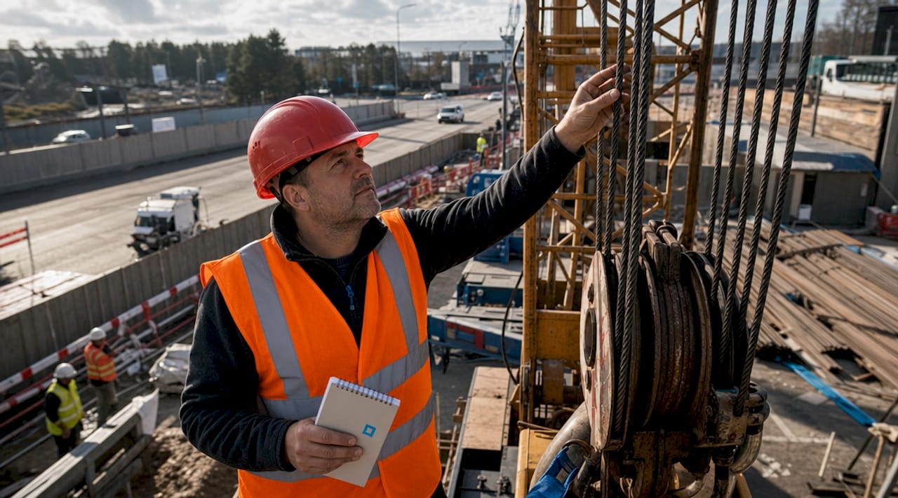 Un chef de chantier procède à l’inspection du matériel de levage sur le site.