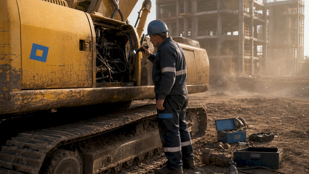 Le chef de chantier contrôle le bon fonctionnement de la pelleteuse.
