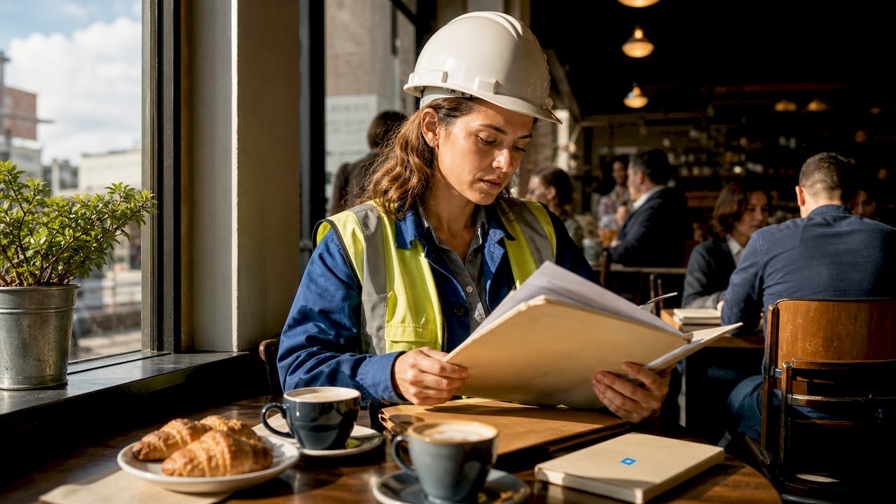 Une ingénieure étudie un dossier de demande de permis de construire dans son bureau.