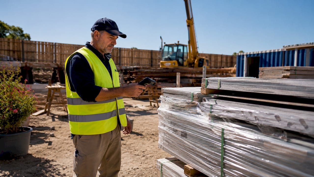 Le responsable vérifie les stocks sur le chantier grâce à un système de scan.