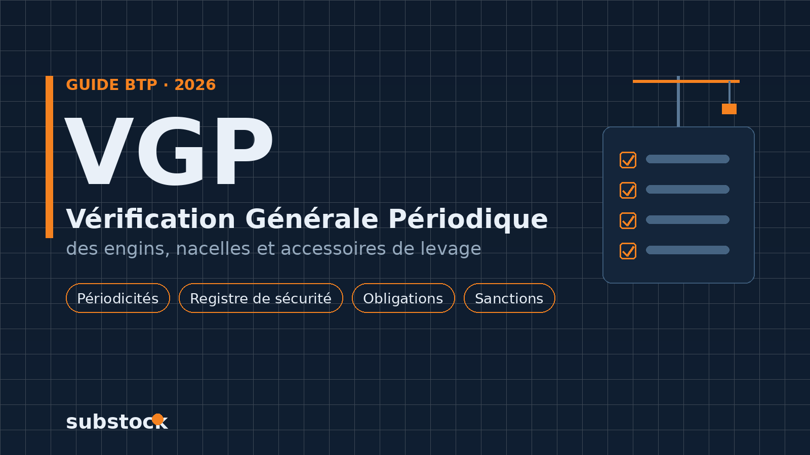 Guide VGP : vérification générale périodique des engins, nacelles et accessoires de levage sur chantier BTP.