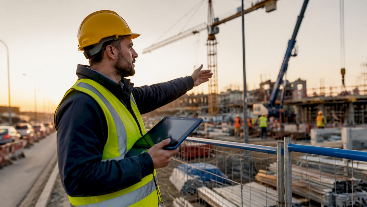 Chef de chantier en pleine gestion de projet sur tablette