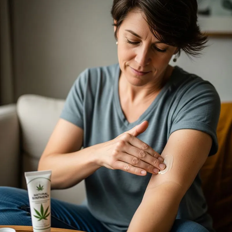 Frau appliziert THC haltige Cannabissalbe auf ihren Arm