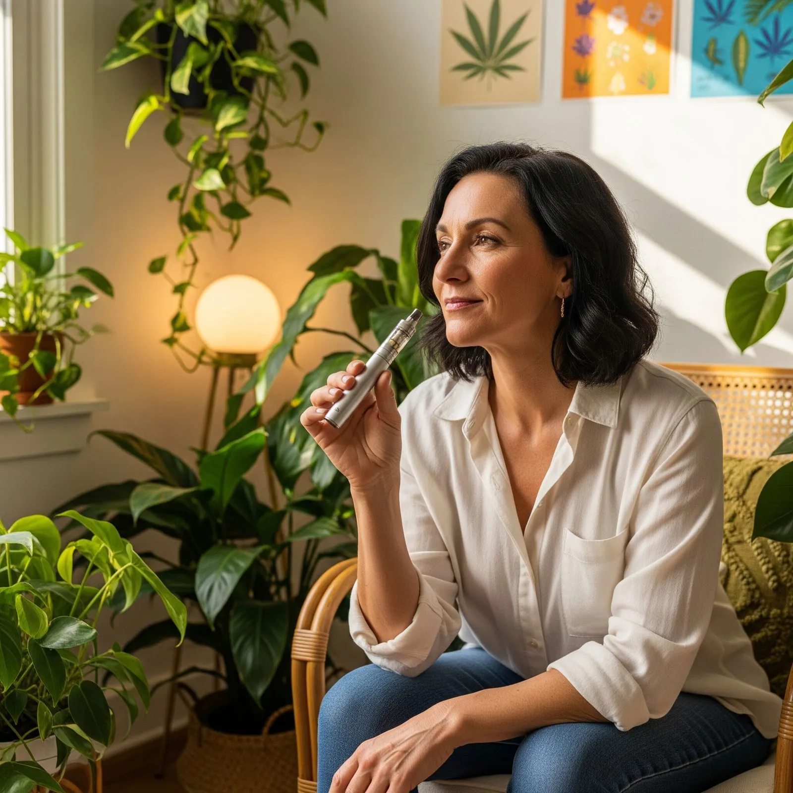 Frau mit Schlafstörungen nutzt medizinisches Cannabis in einem Vaporisierer