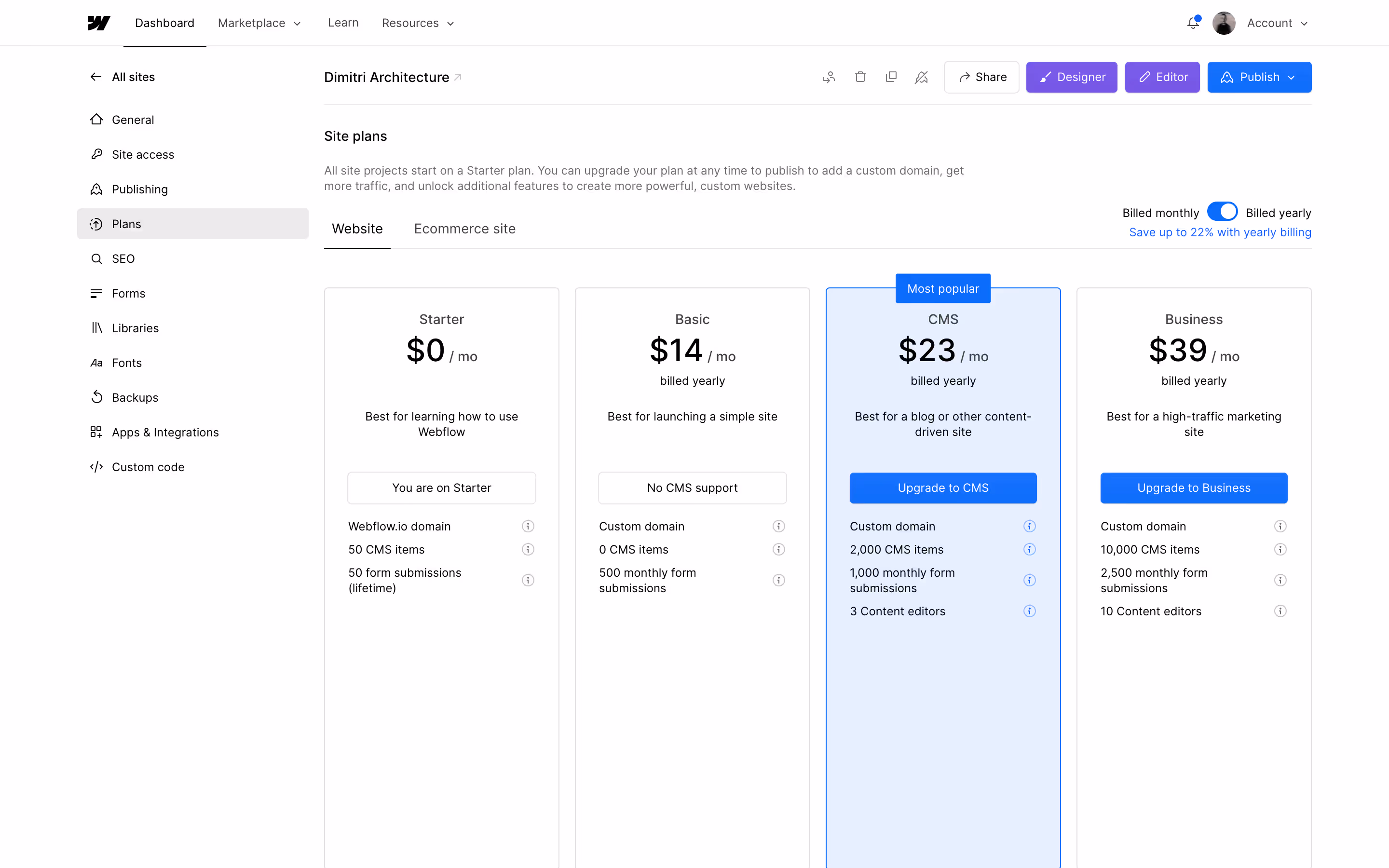 Webflow Hosting Plan