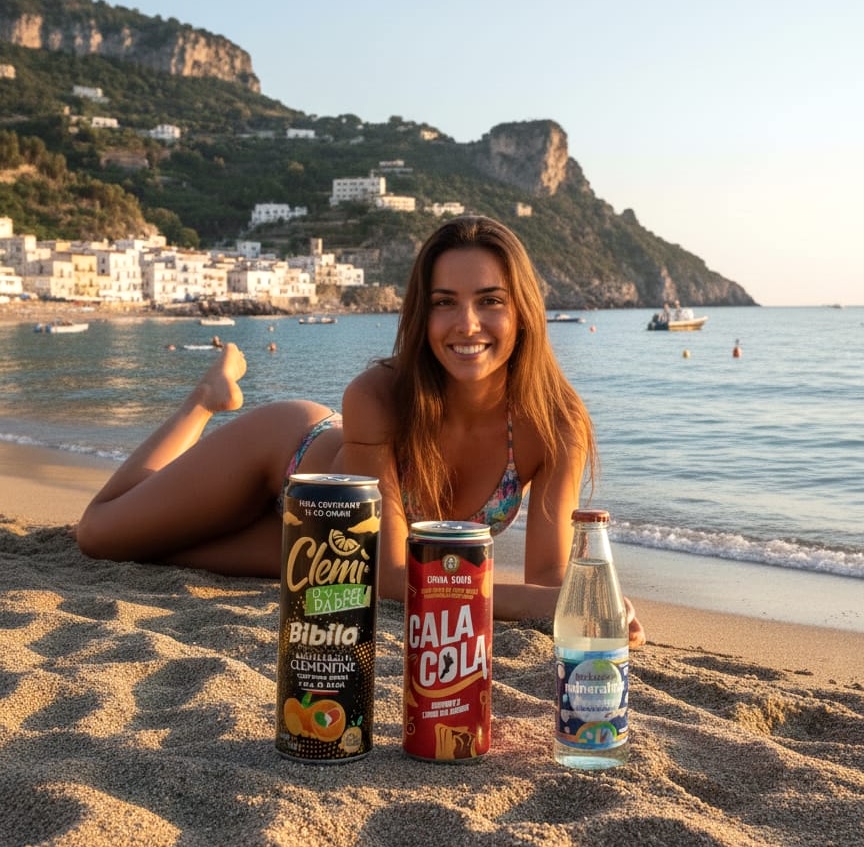 Donna sorridente in costume da bagno sdraiata sulla spiaggia con tre bevande in lattina e bottiglia sulla sabbia, vista sul mare e colline sullo sfondo al tramonto.