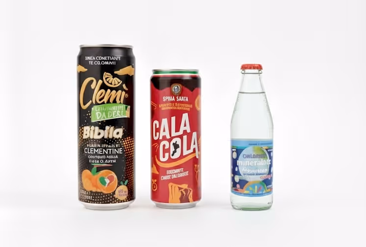 Tre bevande: una lattina di Bibita Clementine al mandarino, una lattina di Cala Cola rossa, e una bottiglia di acqua minerale Gollo.