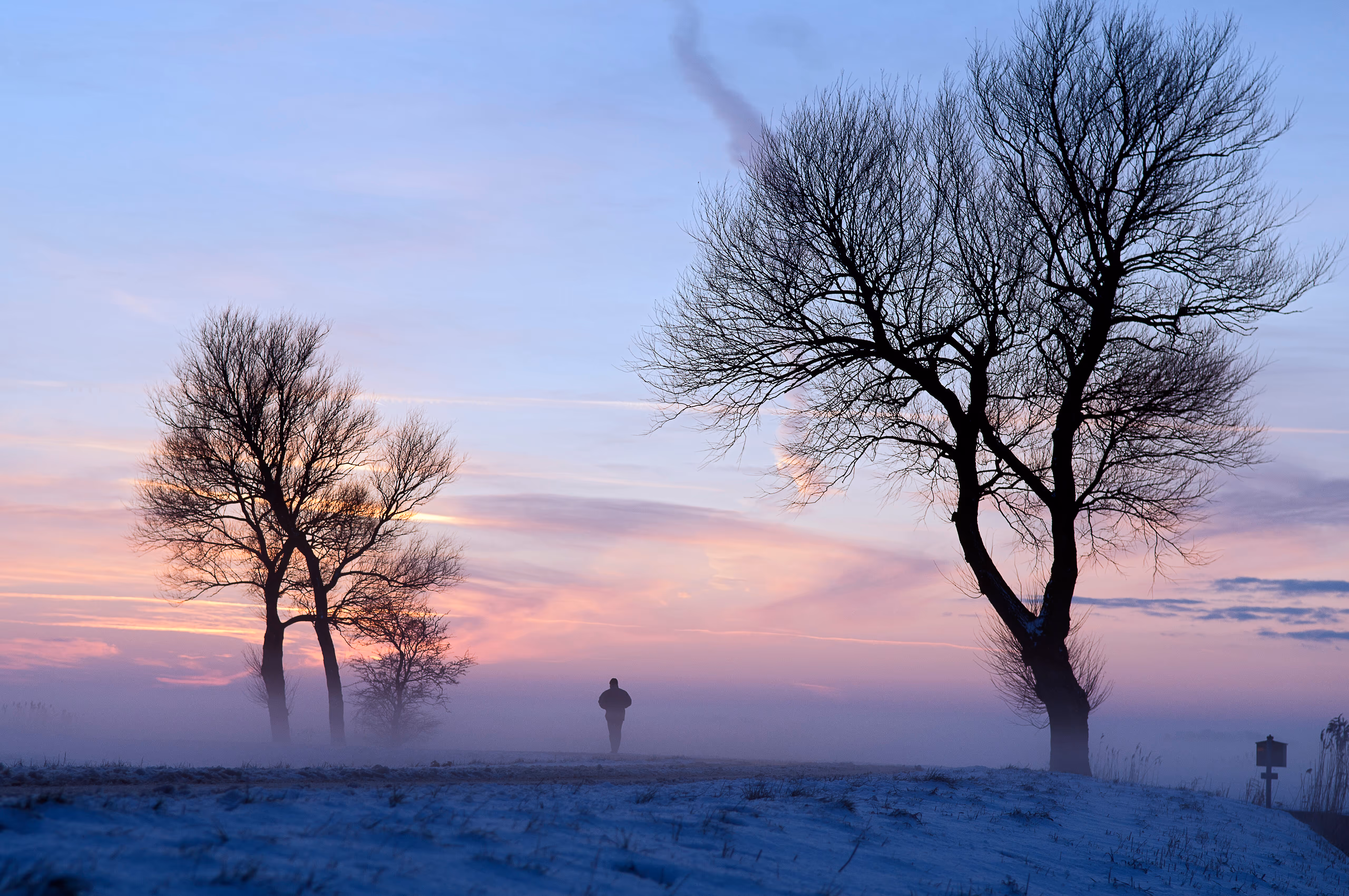 Een wandelaar loopt over een besneeuwd pad in de mist bij zonsopkomst, omringd door kale bomen tegen een lucht vol pastelkleuren van roze, paars en blauw.