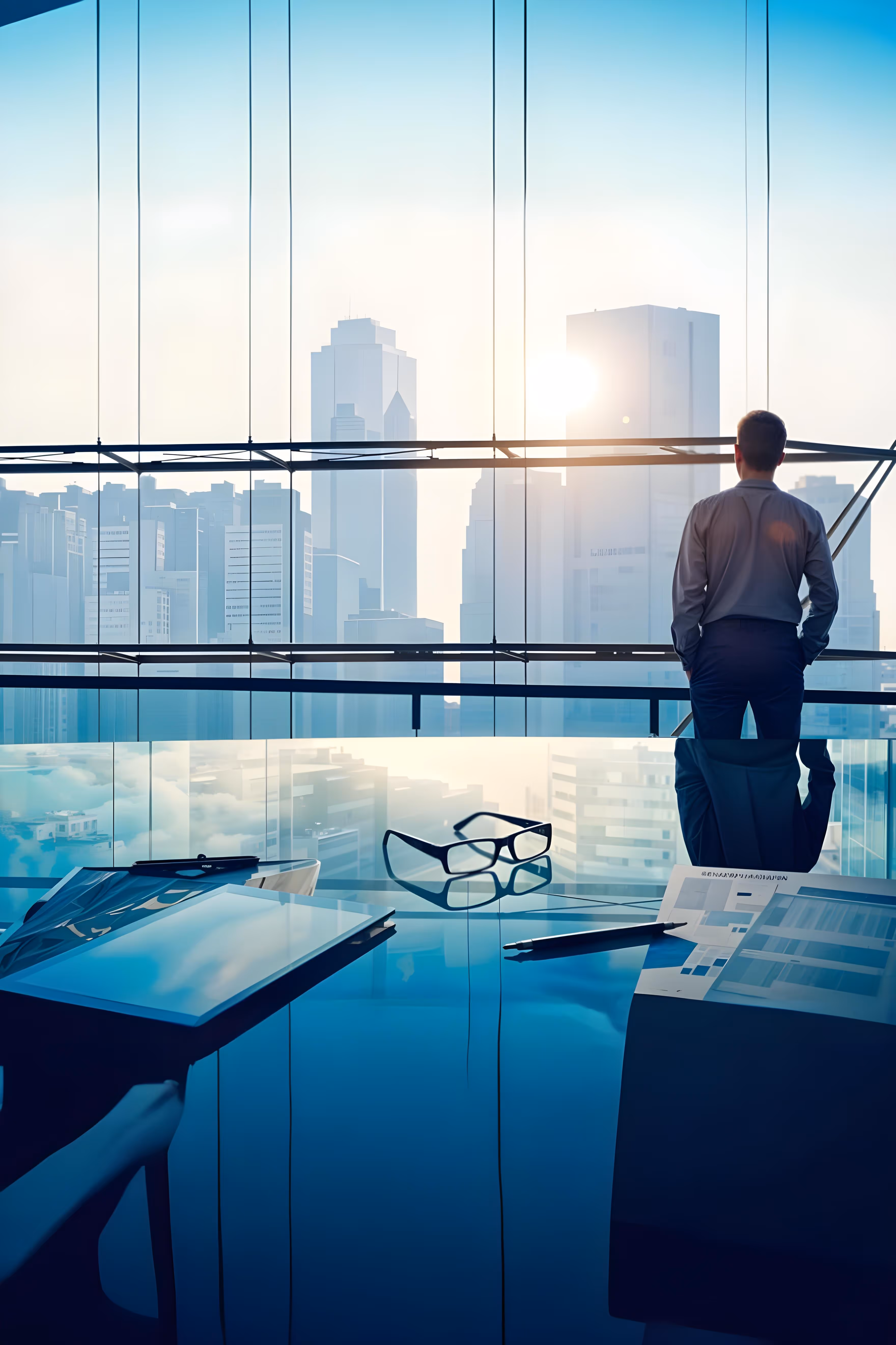 Modern office buildings reflecting sunlight, representing StrataVAR’s future-focused approach to revenue lifecycle innovation