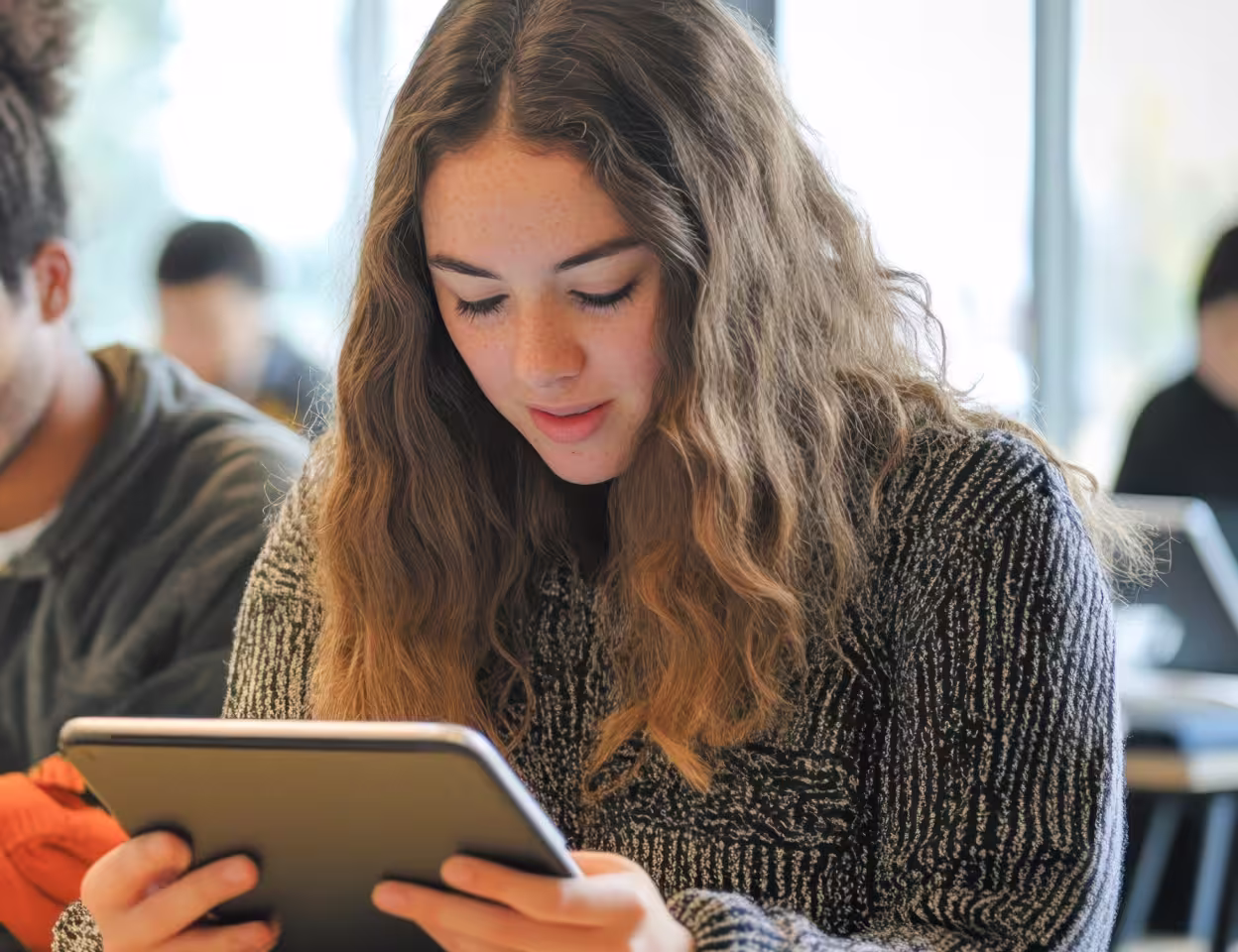 Une étudiante qui révise son code de la route sur sa tablette