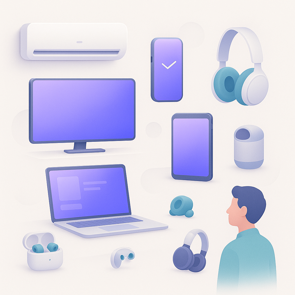 Collection of modern electronics: computer, laptop, smartphone, and headphones, representing technology solutions.