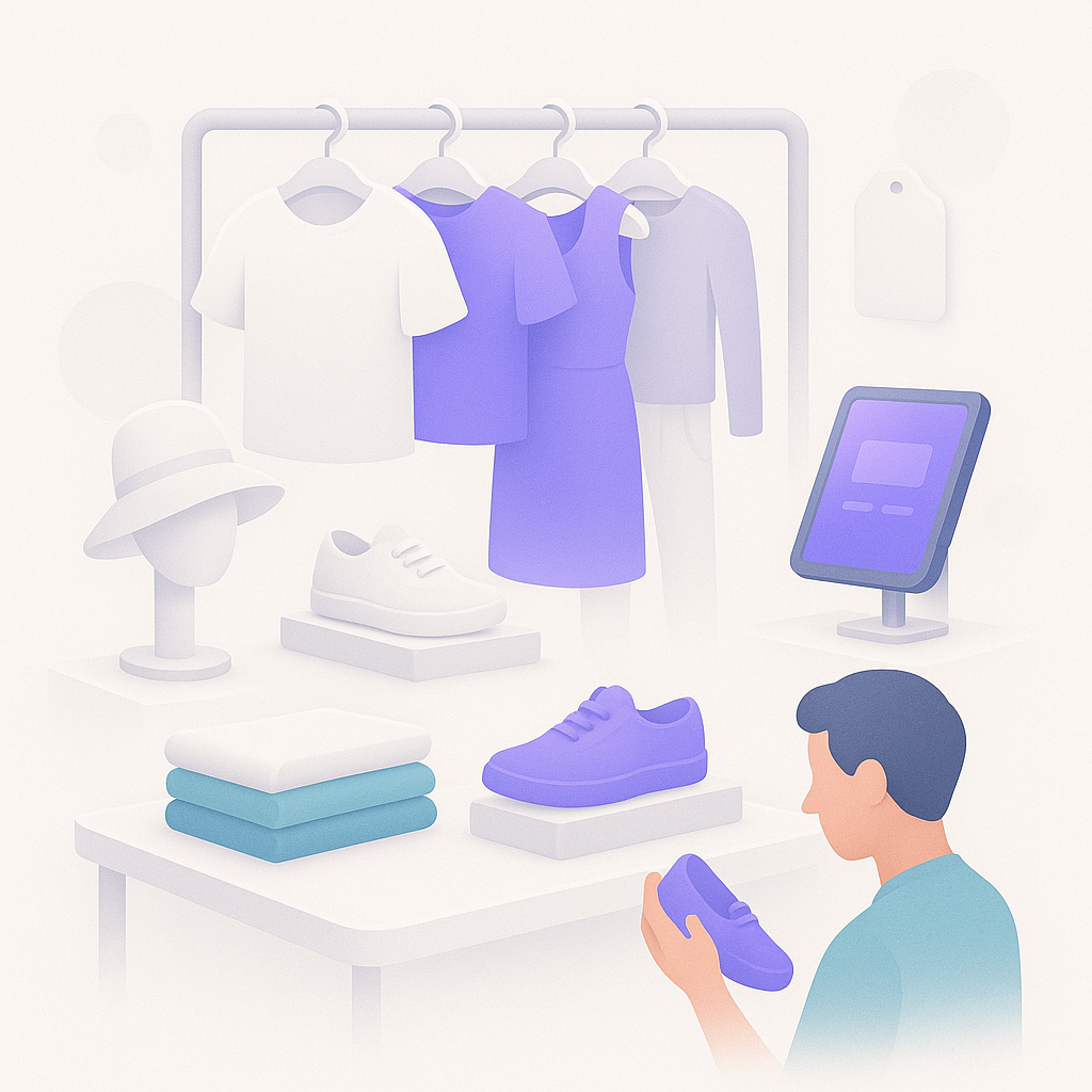 Stylish clothing and shoes on display in a retail store, showcasing fashion trends and apparel shopping.