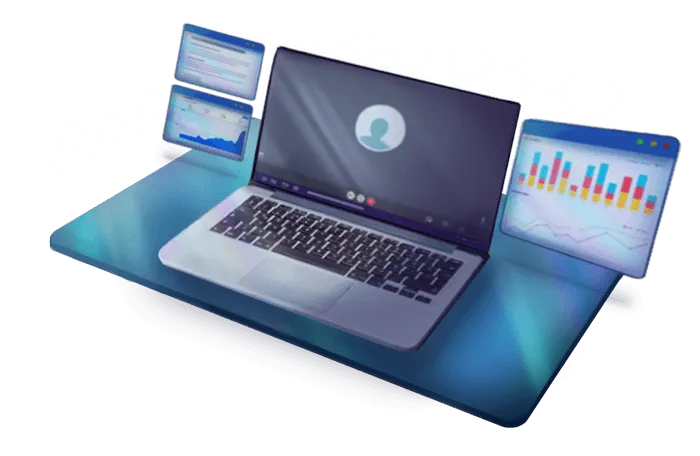 Hero Image zeigt einen Laptop und verschiedene Screenansichten von Consulting, Graphen und einem Call Screen.