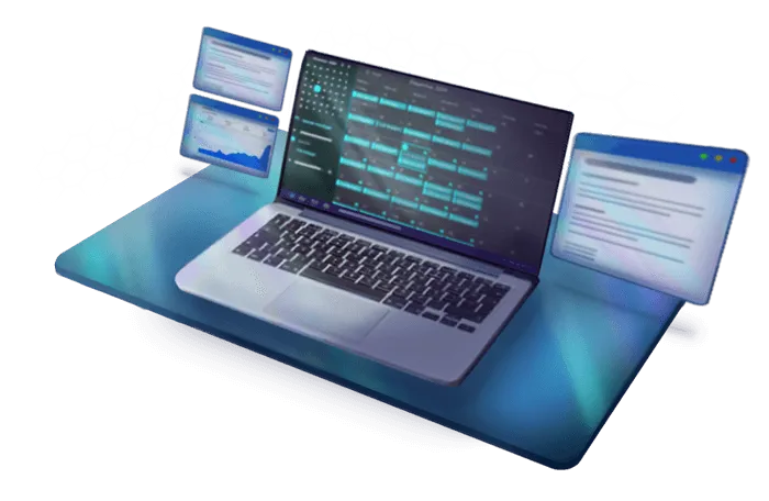 Hero Image zeigt einen Laptop und verschiedene Screenansichten mit Service Leistungen und Termin Kalendern.