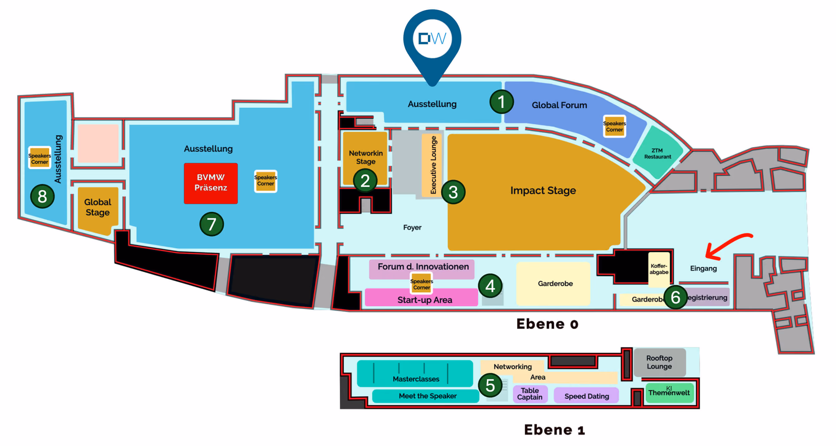 Lageplan der Veranstaltungsräume auf Ebene 0 und Ebene 1 mit Bereichen für Ausstellung, Bühnen, Networking, Start-up Area, Garderobe, Registrierung und Restaurant.