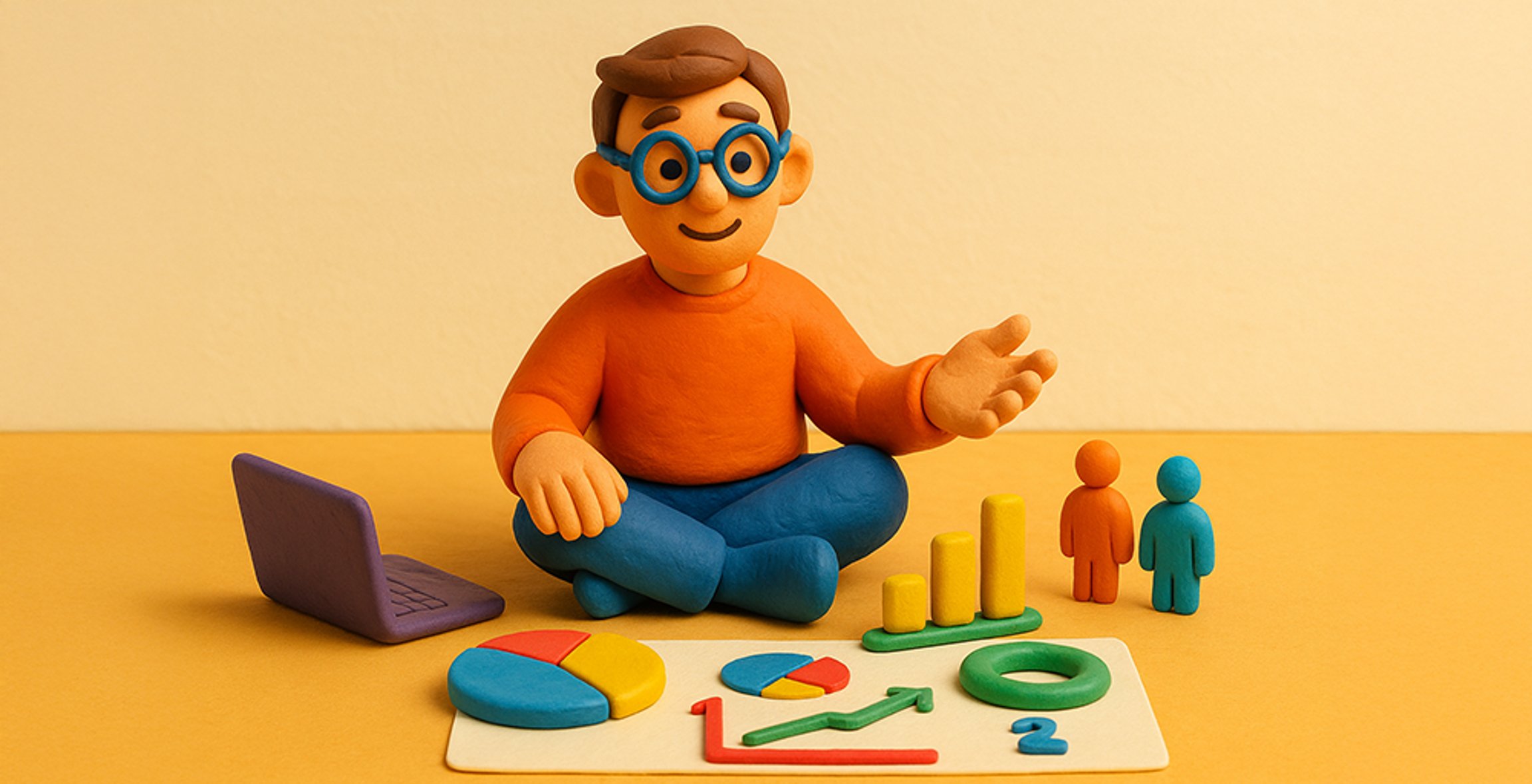 Claymation-style figure sitting cross-legged with colorful data charts, a laptop, and user icons, representing salary analytics and data-driven insights.