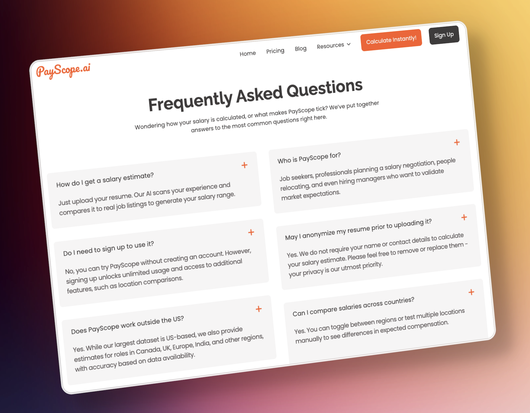 New PayScope website FAQ-page screenshot