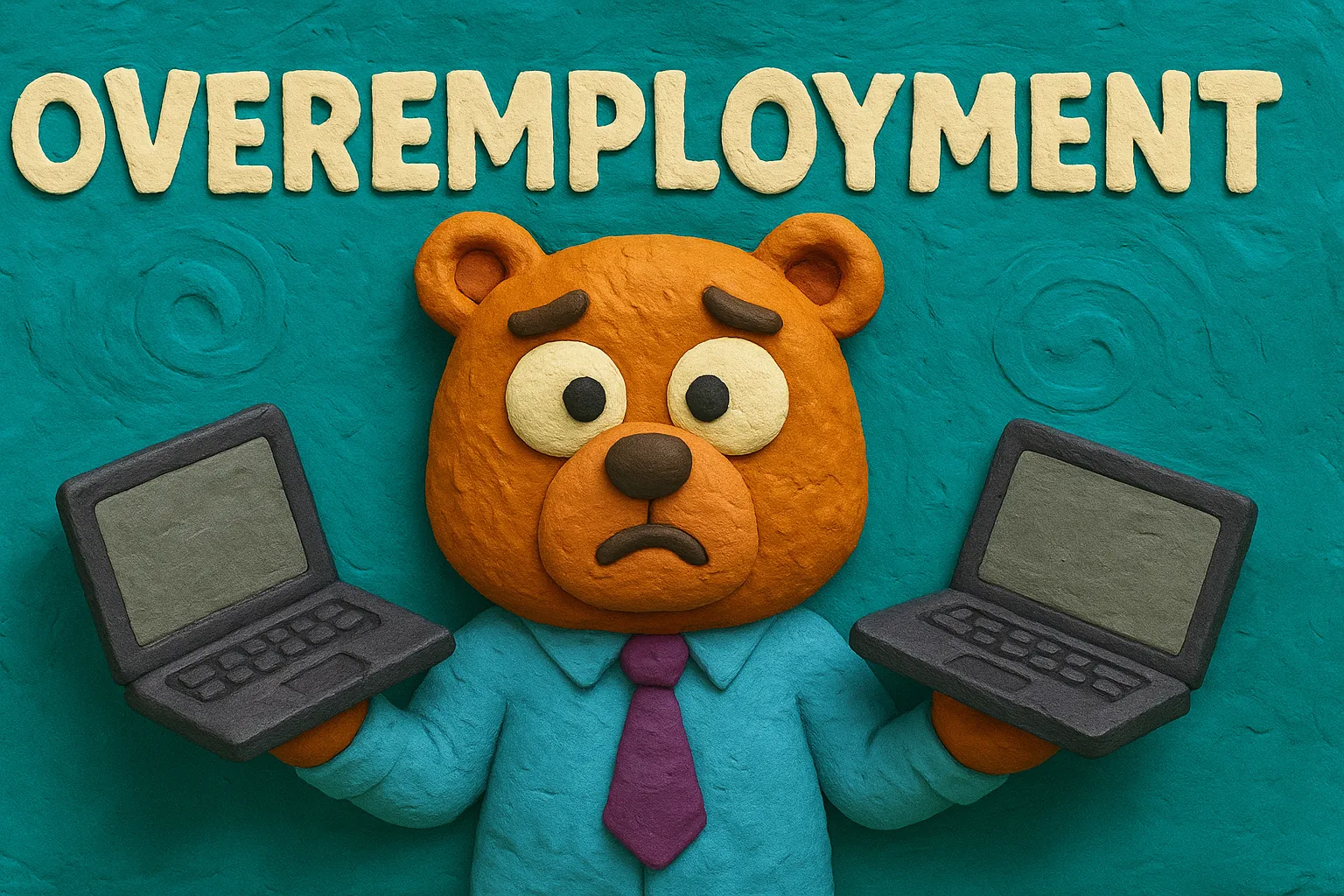 Claymation-style image of a worried bear in a shirt and tie holding two laptops, with the word “OVEREMPLOYMENT” above its head on a teal textured background.