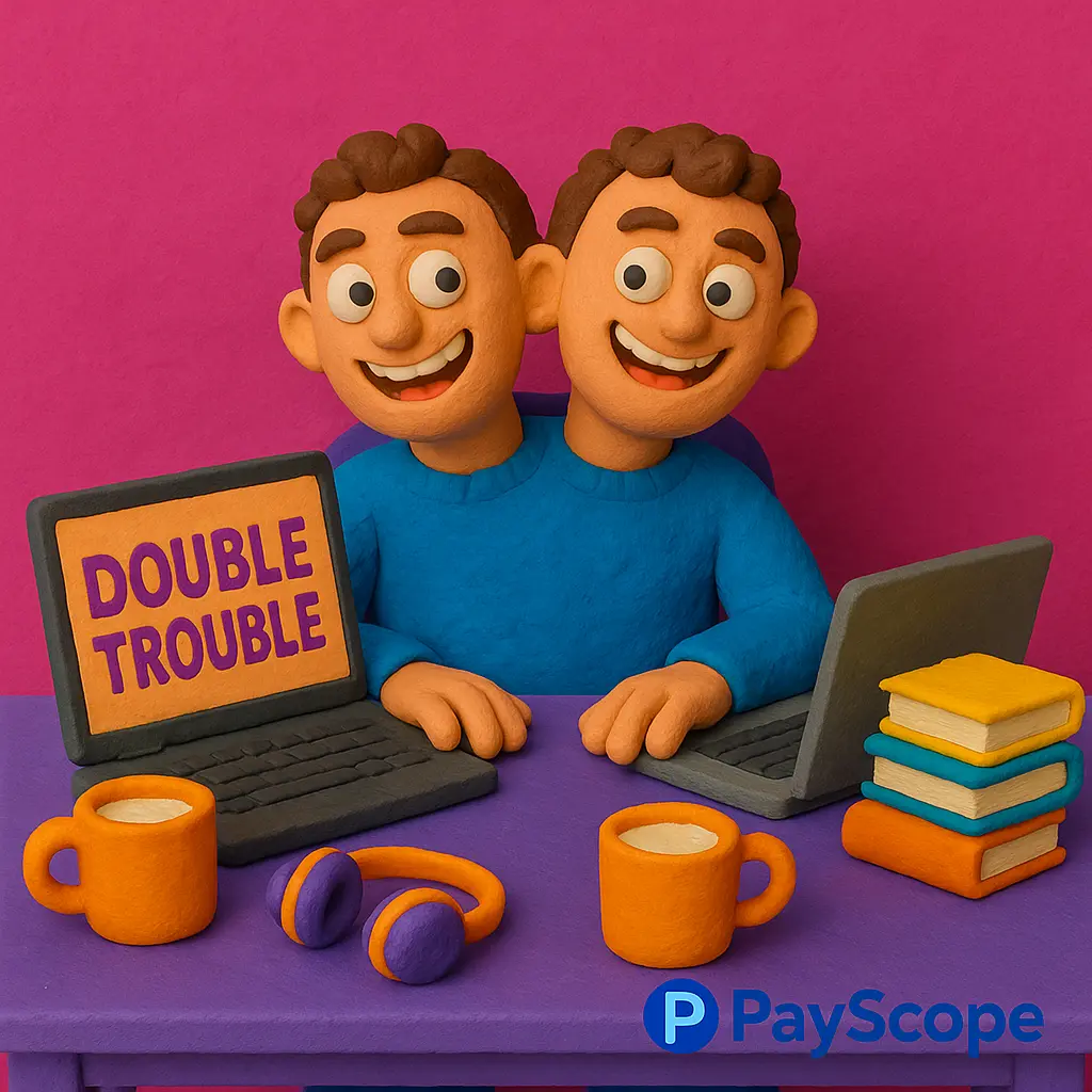 Claymation-style illustration of a smiling, two-headed tech worker sitting at a desk with two laptops, coffee mugs, books, and headphones. The screen displays “Double Trouble” and the PayScope logo is subtly placed on the table. Bright magenta background, playful and quirky mood.
