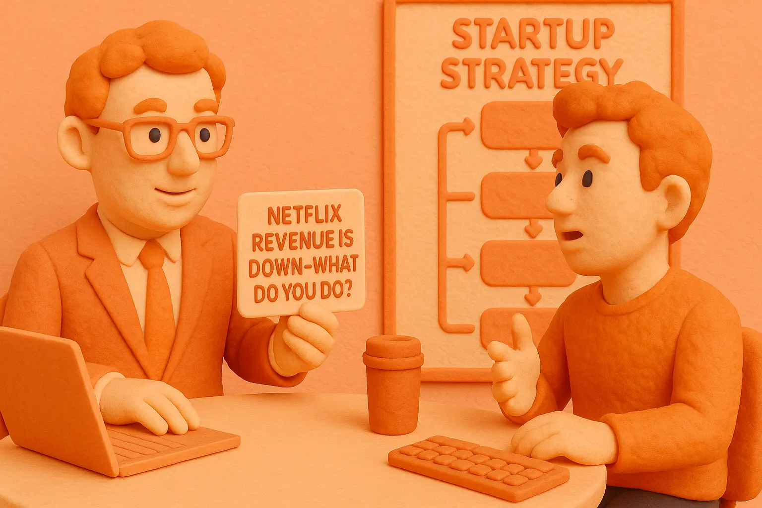 Claymation-style image of a job interview scene: a recruiter in glasses and a suit holds a card reading "NETFLIX REVENUE IS DOWN—WHAT DO YOU DO?" while the candidate responds thoughtfully. They're seated at a desk with a laptop, coffee cup, and keyboard.