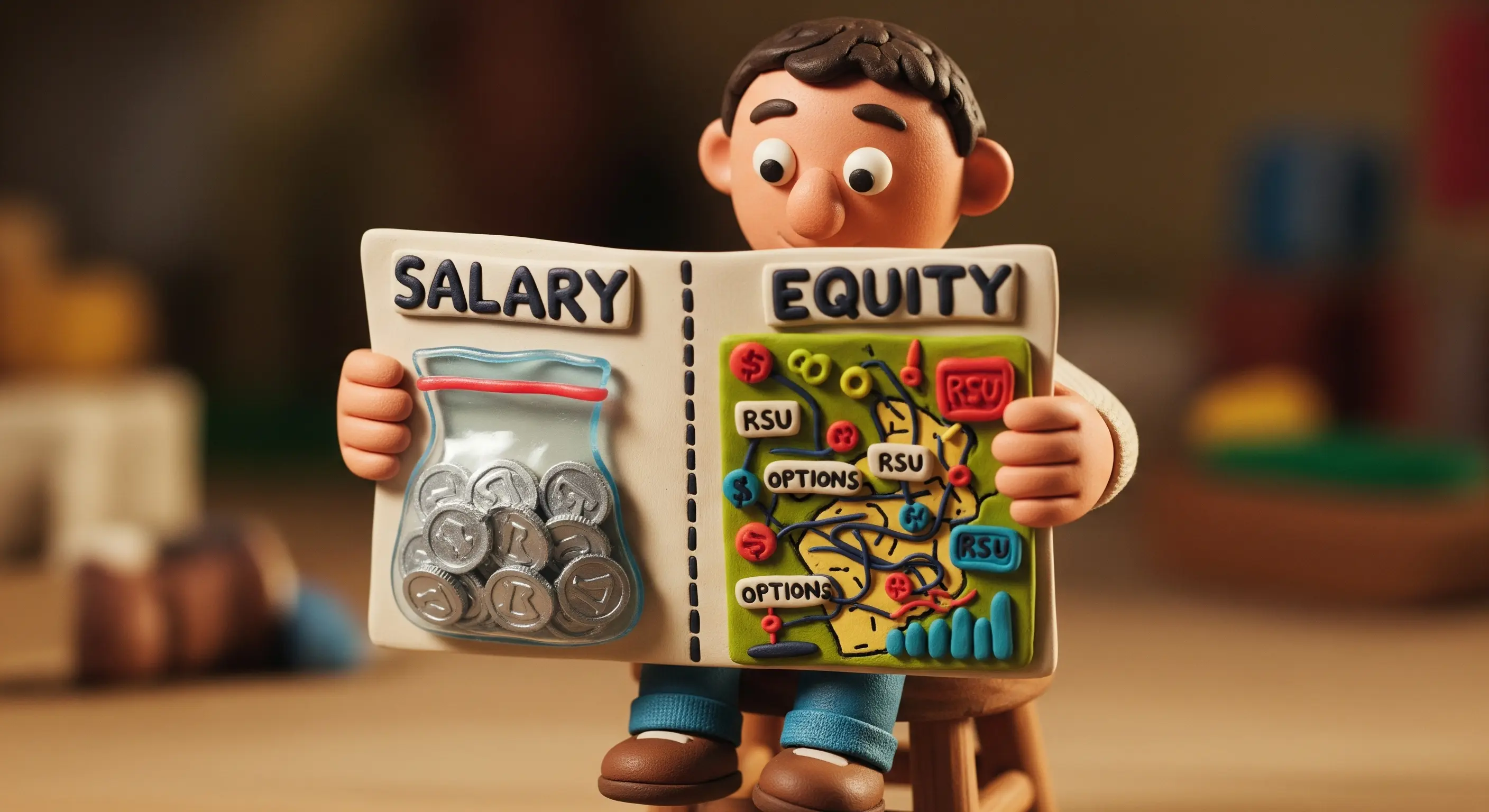 A claymation character studies a job offer to understand the difference between a simple salary and complex equity compensation like RSUs and stock options.
