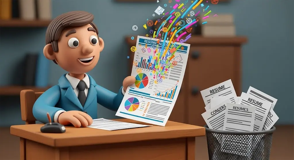 A recruiter reviewing a job-winning CV format that uses charts to show resume achievements, while other resumes are in the trash.