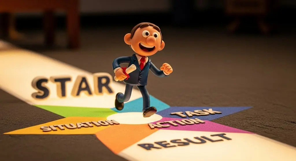 A claymation character follows the STAR method path (Situation, Task, Action, Result) to successfully ace a job interview.