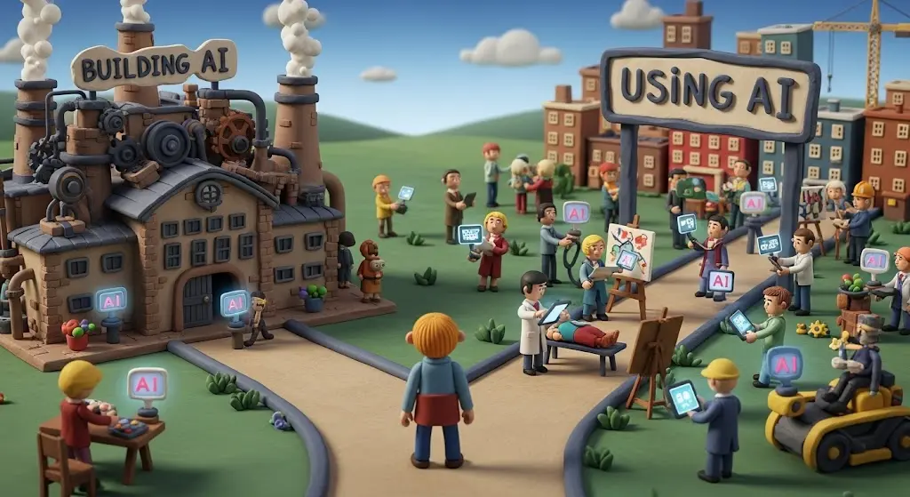 A claymation scene showing that the real AI career opportunity is in using AI tools in various jobs, not just building the AI models themselves.