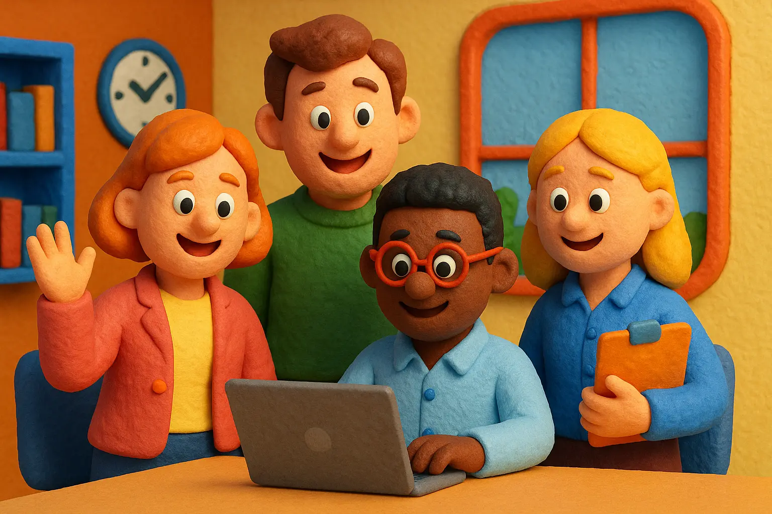 Claymation-style illustration of four cheerful colleagues in a bright modern office, gathered around a laptop, with one holding a clipboard and another waving, against a colorful background with bookshelves, a clock, and a window.