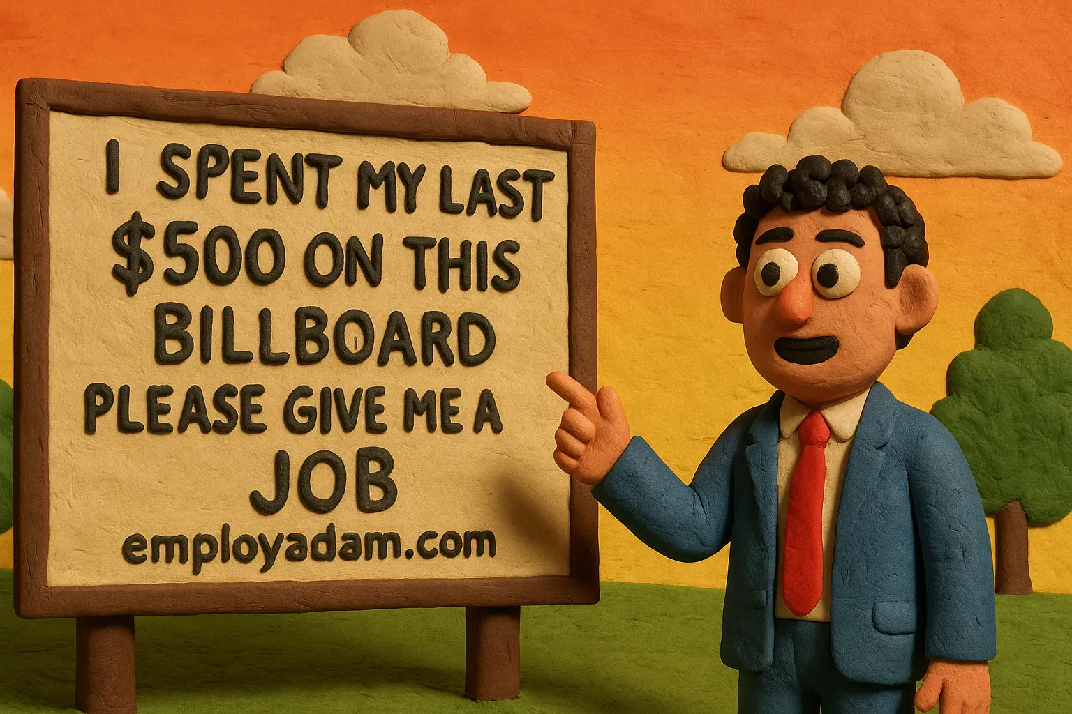 Claymation-style illustration of Adam Pacitti pointing at a handmade billboard that reads “I spent my last £500 on this billboard, please give me a job,” with an orange sky and clouds in the background