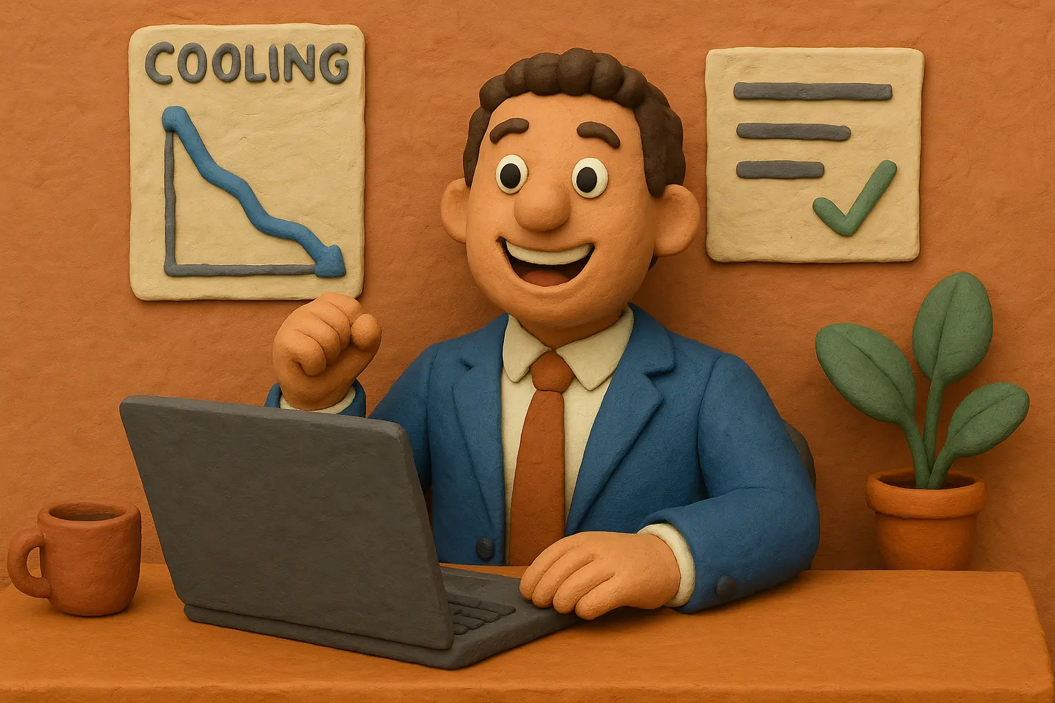Cheerful claymation-style man sitting at a desk with a laptop, wearing a blue suit and orange tie, raising his fist in a victory gesture. Behind him is a chart labeled 'Cooling' with a downward line, and a poster with a checkmark. A mug and a potted plant sit on the desk.