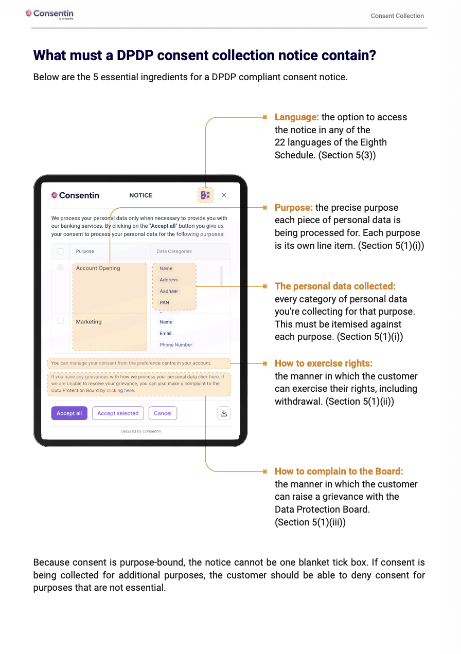 Handbook page showing how to build a consent notice