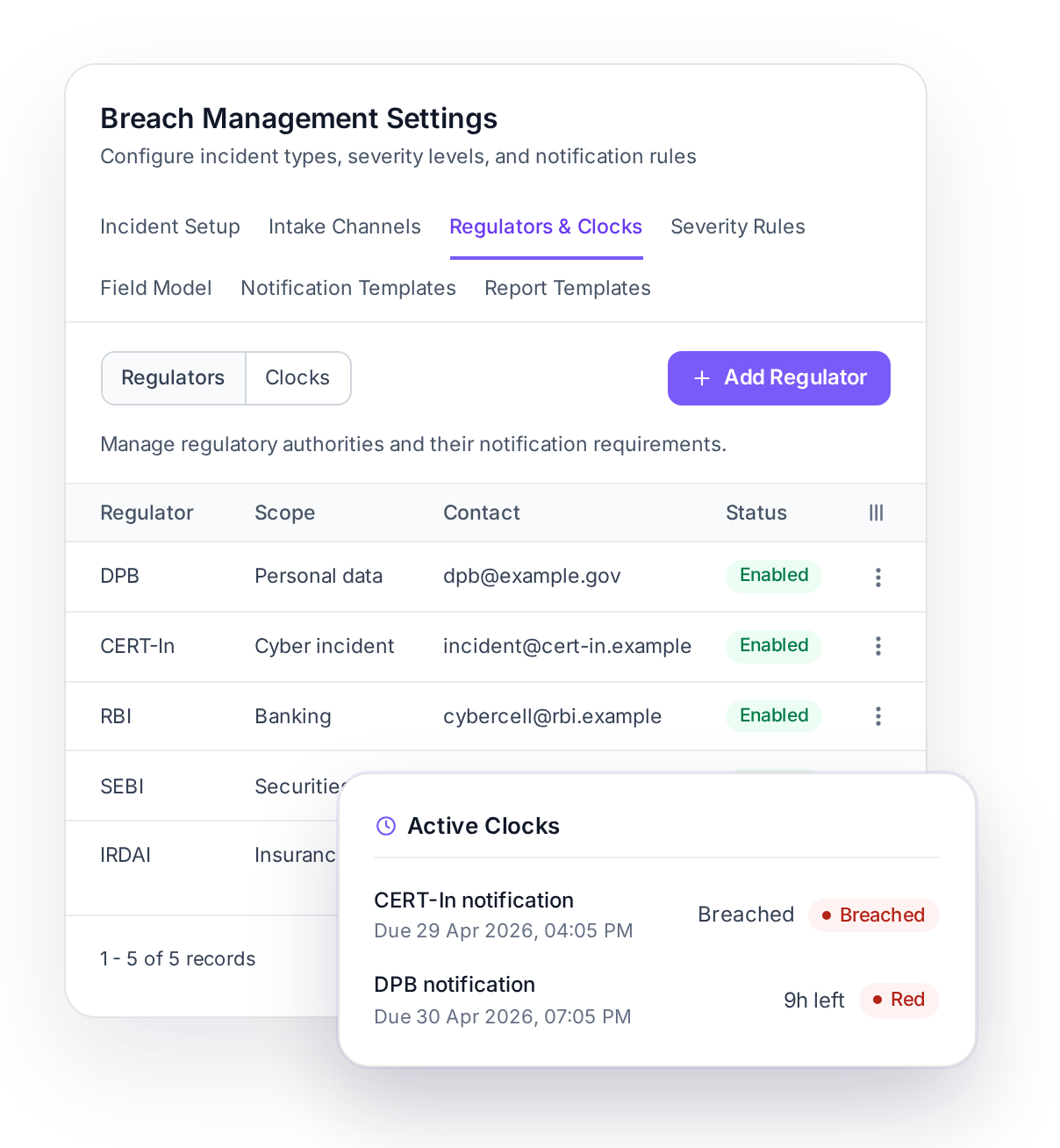Regulators and Clocks settings with the Active Clocks card