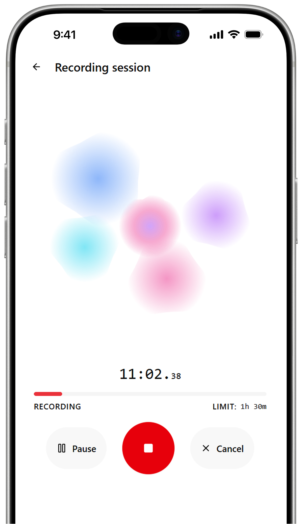 Smartphone screen showing Zone Scribe “Recording session” UI with colorful abstract blobs, an 11:02 timer, a red stop button flanked by Pause and Cancel controls