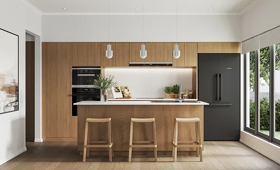 Modern kitchen with wooden cabinets, white countertop island with three wooden stools, black appliances, and large window overlooking greenery.