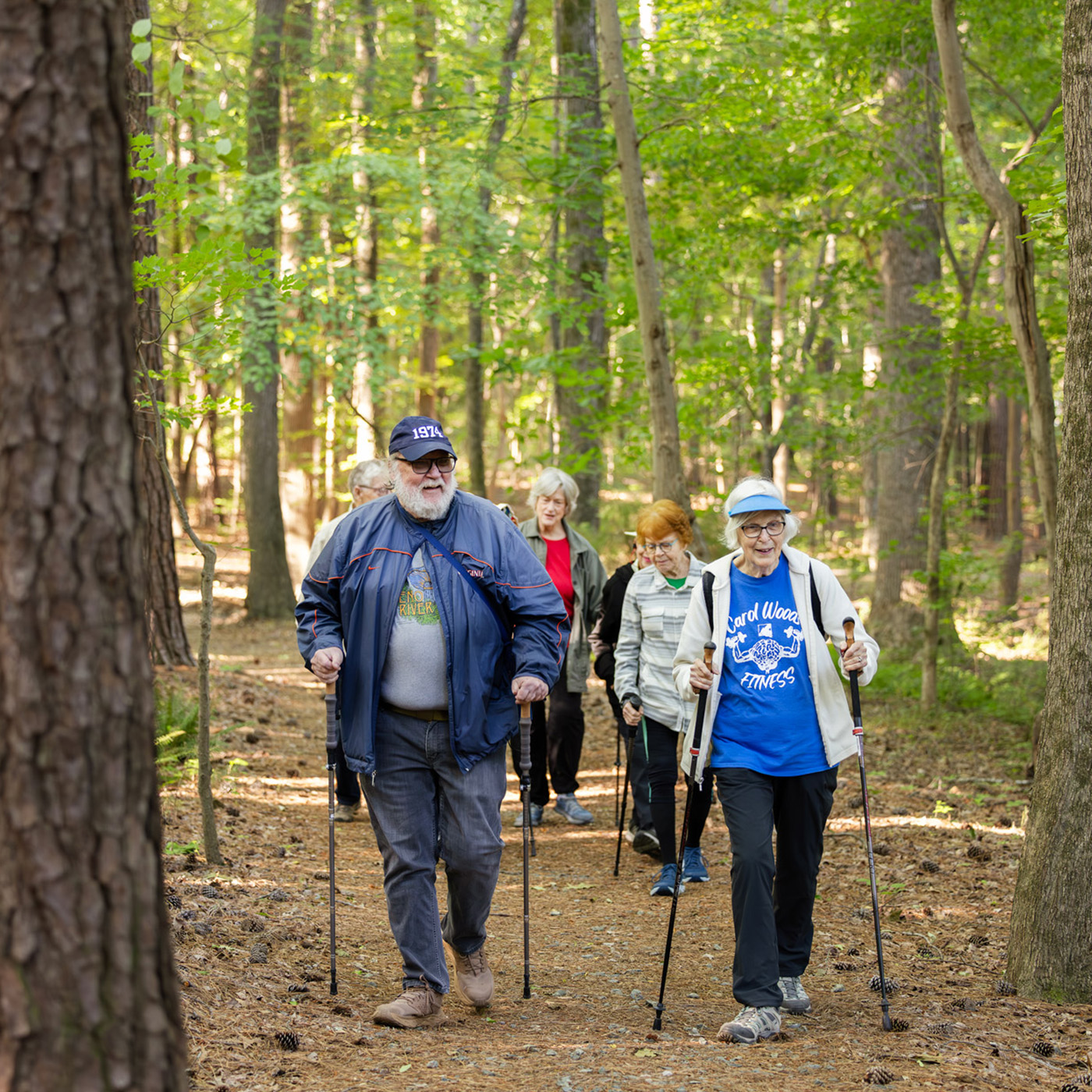 A group of adults with walking sticks hike along a forest trail.