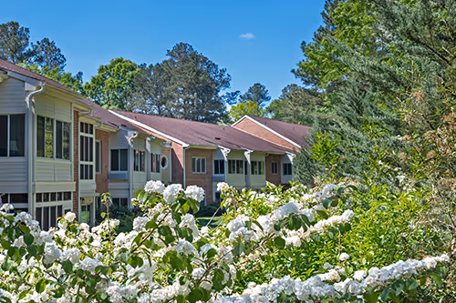 Row of houses with red roofs surrounded by green trees and white flowering bushes.