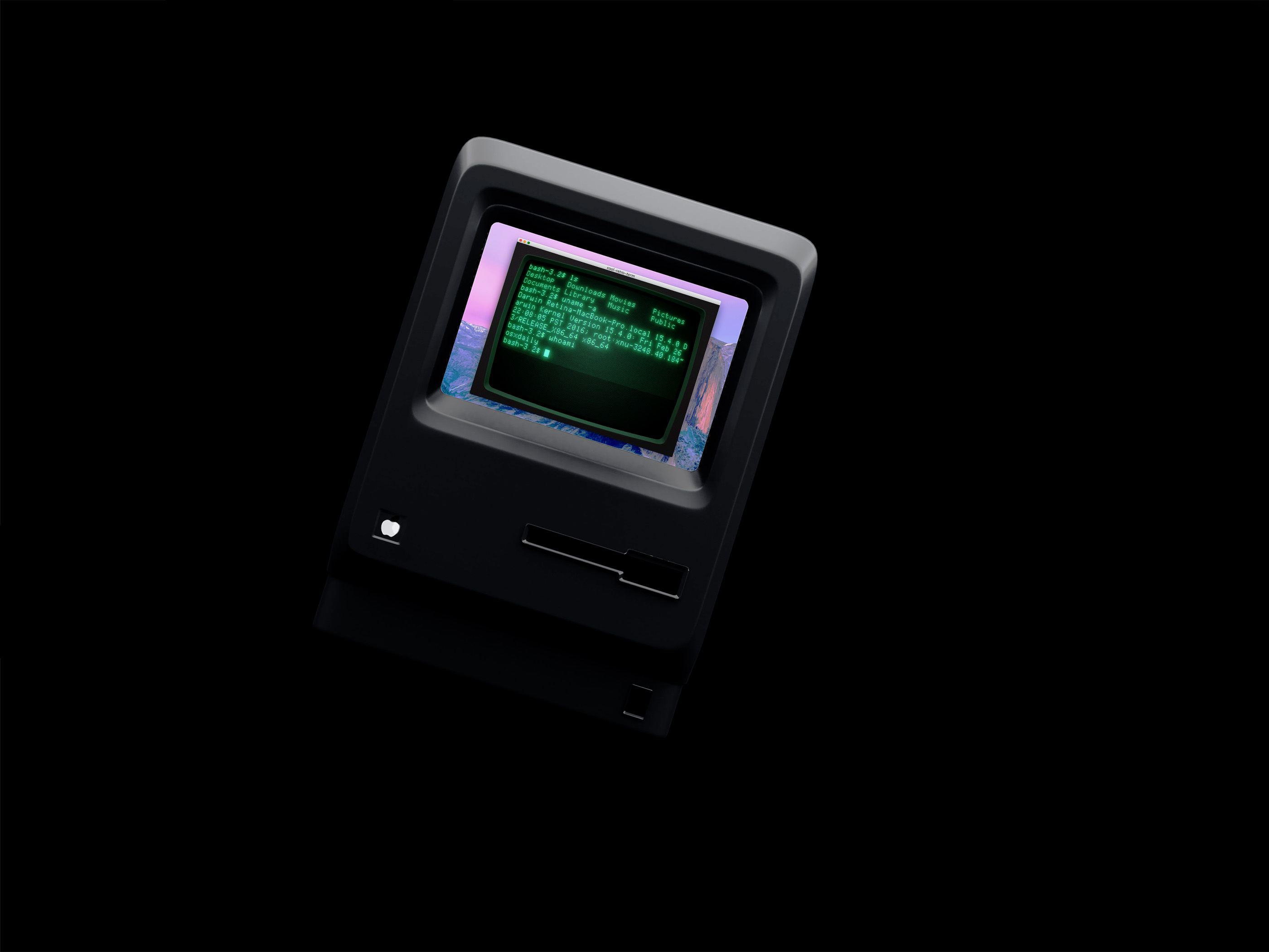 An old computer with a green screen on a black background.