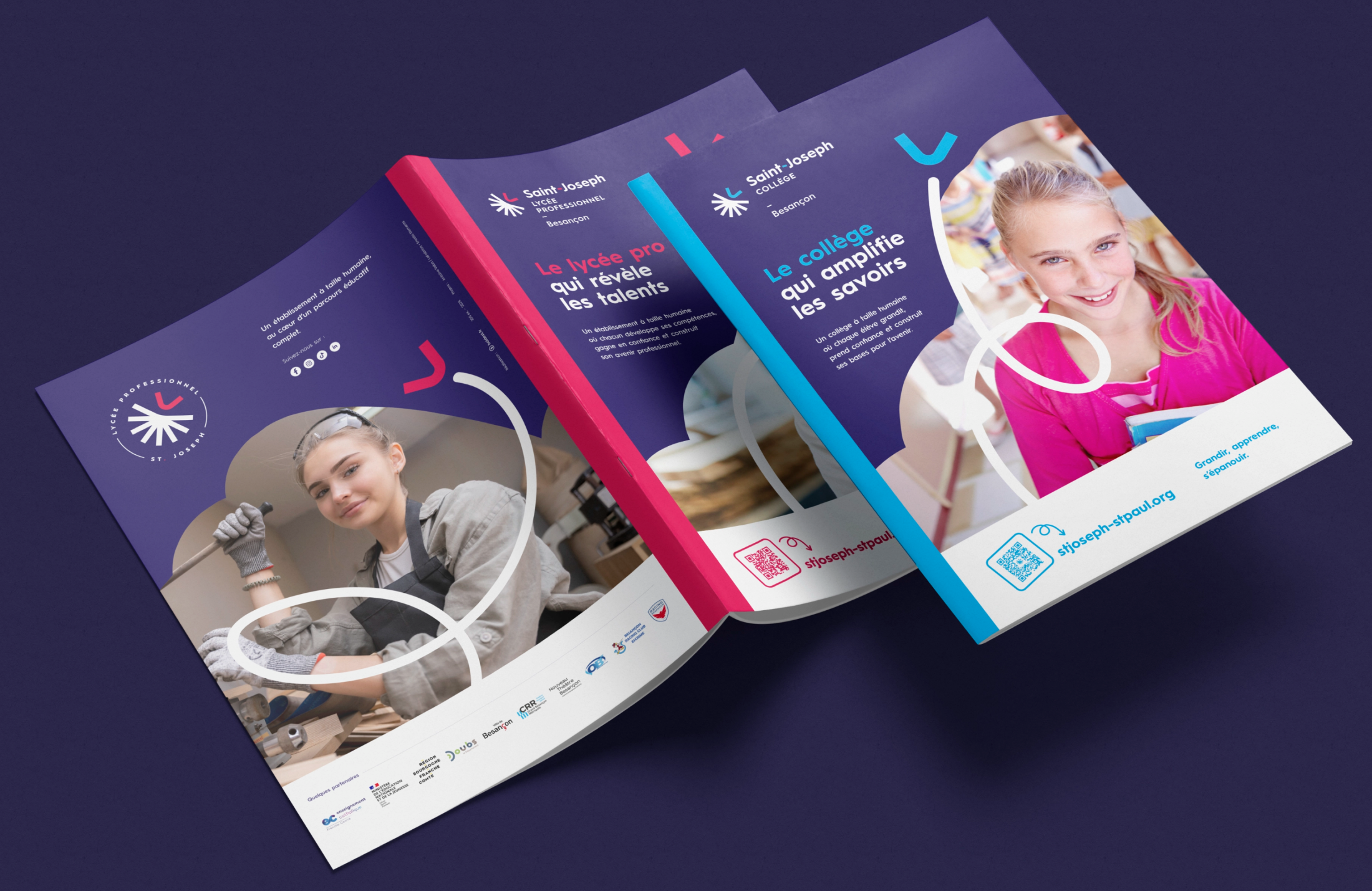 Brochures du Collège Saint-Joseph et du Lycée professionnel, différenciées par leurs barres colorées.