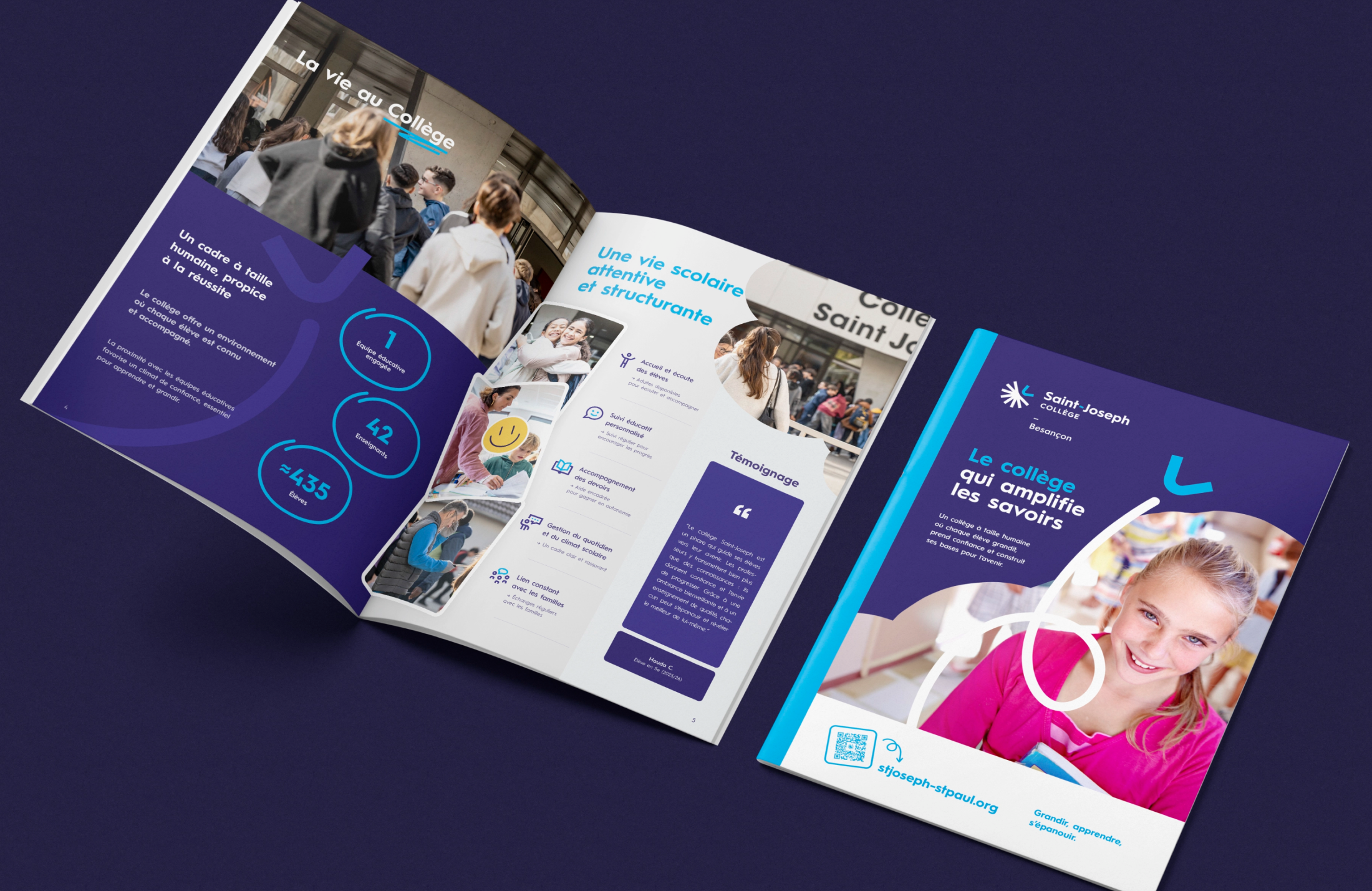 Brochures du Collège Saint-Joseph et du Lycée professionnel, différenciées par leurs barres colorées.
