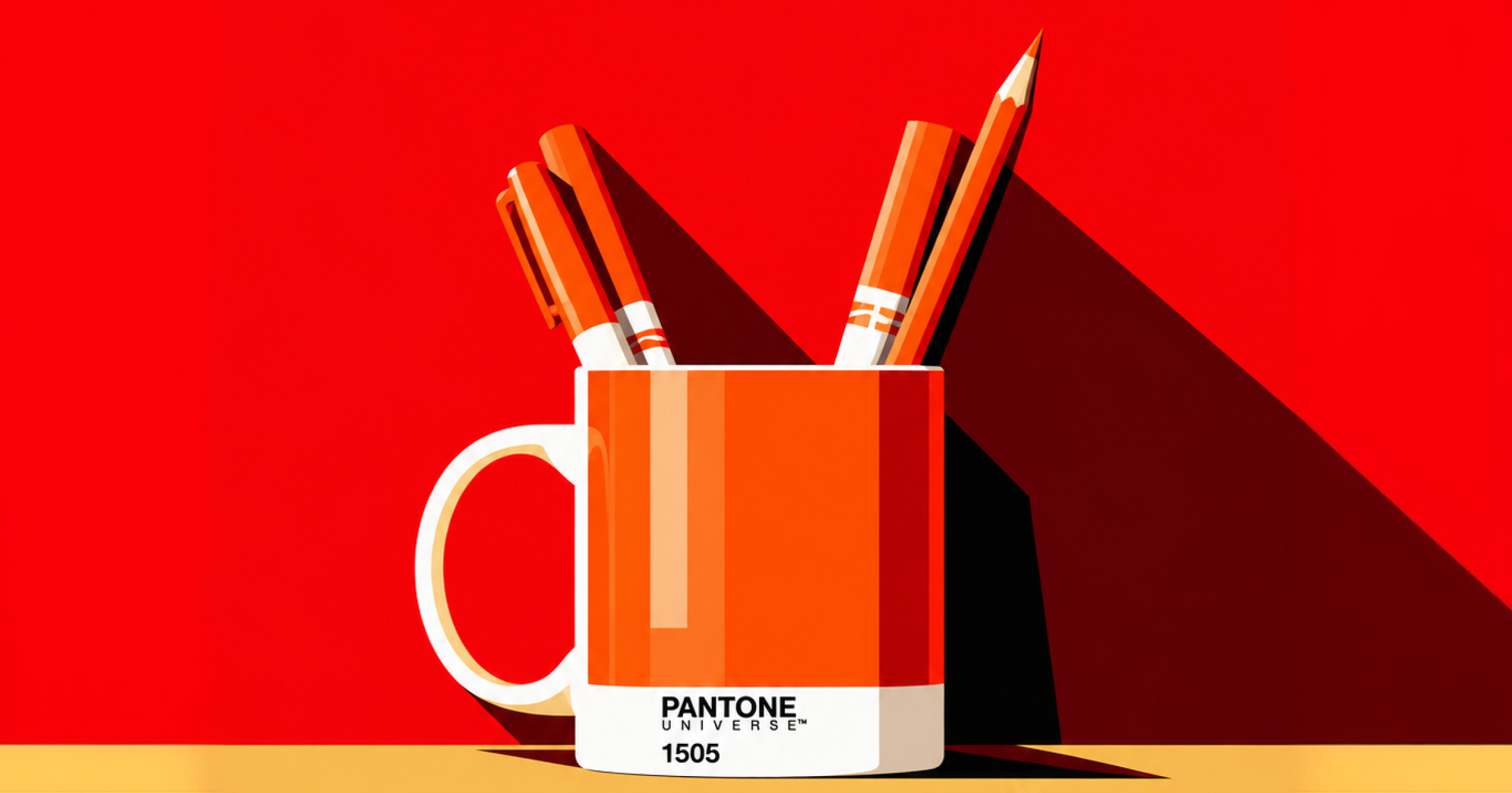 Pot orange contenant des crayons et des pinceaux sur une table, sur fond clair.