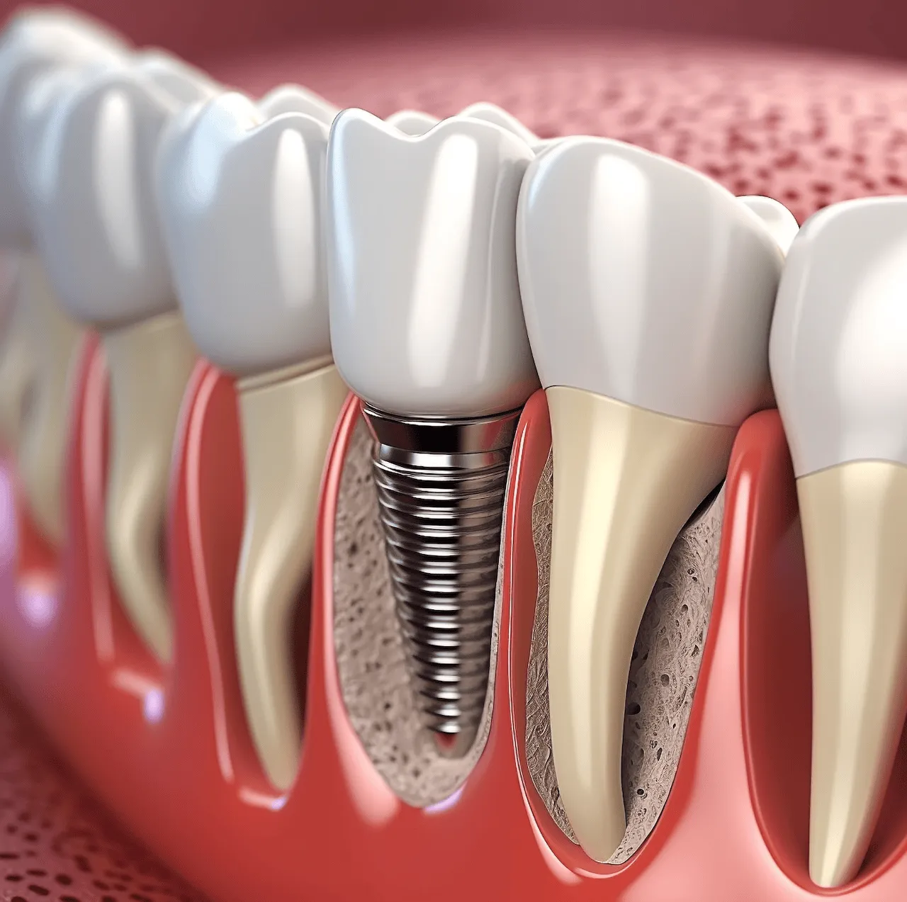 A cross-section illustration of a dental implant integrated into the jawbone, showing its structure beneath the gum line.