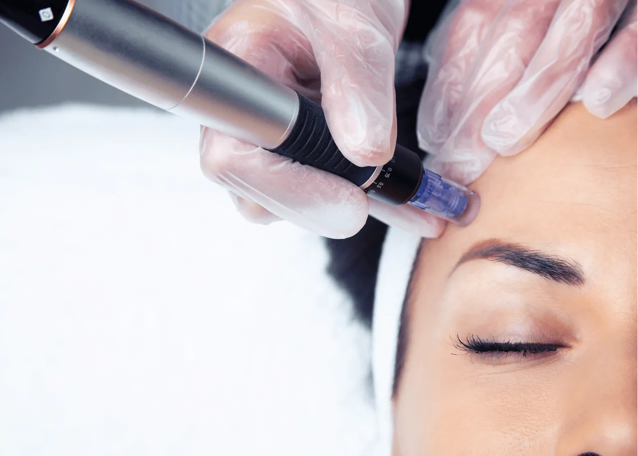 A close-up of a patient undergoing microneedling with PRF, a treatment that may complement dental aesthetics or oral facial rejuvenation.