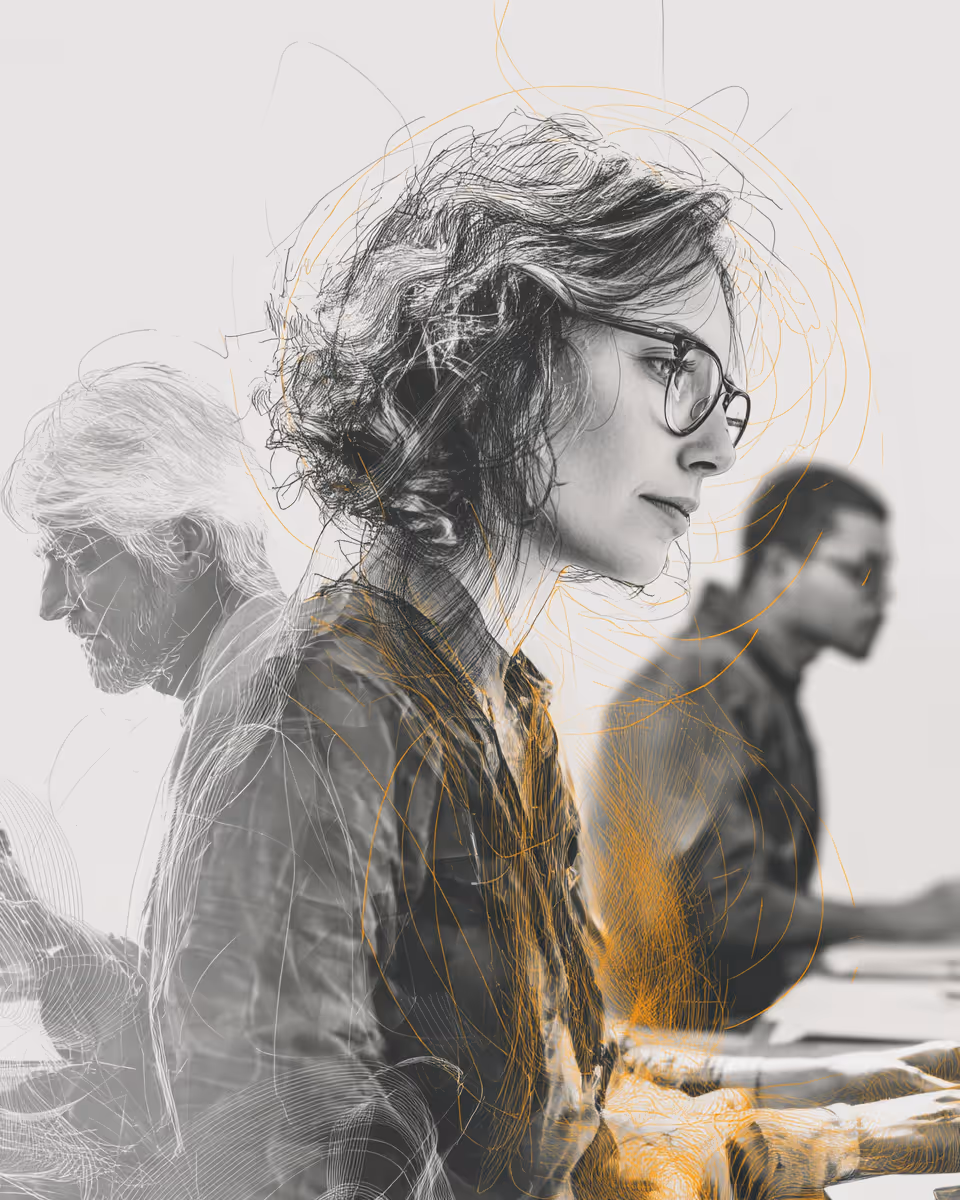 Augmented, bespoke sketch of a leader within her flow of work