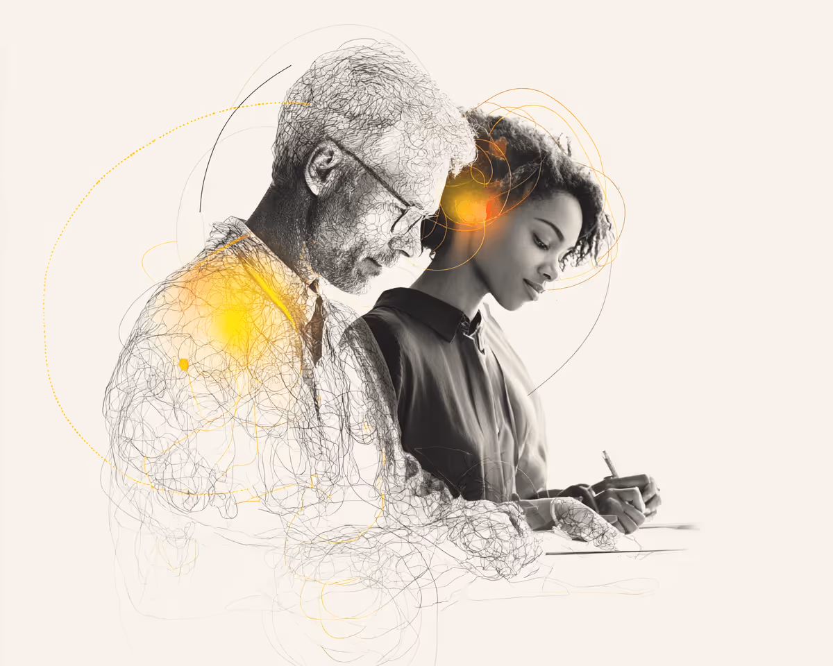 An augmented sketched v's real life picture of 2 leaders calmly navigating change
