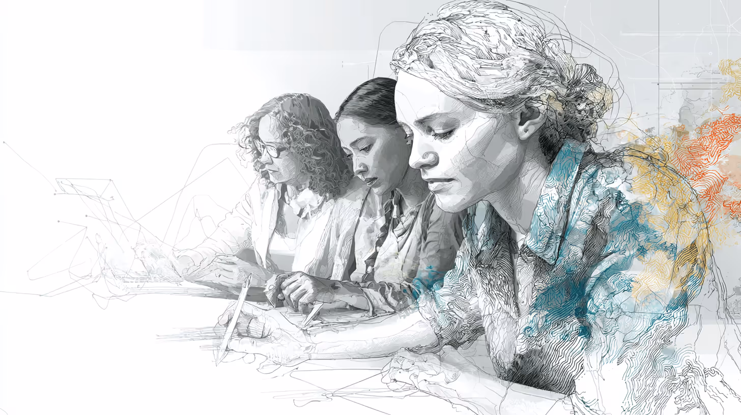 A sketched augment picture of 3 team members mid flow of creation