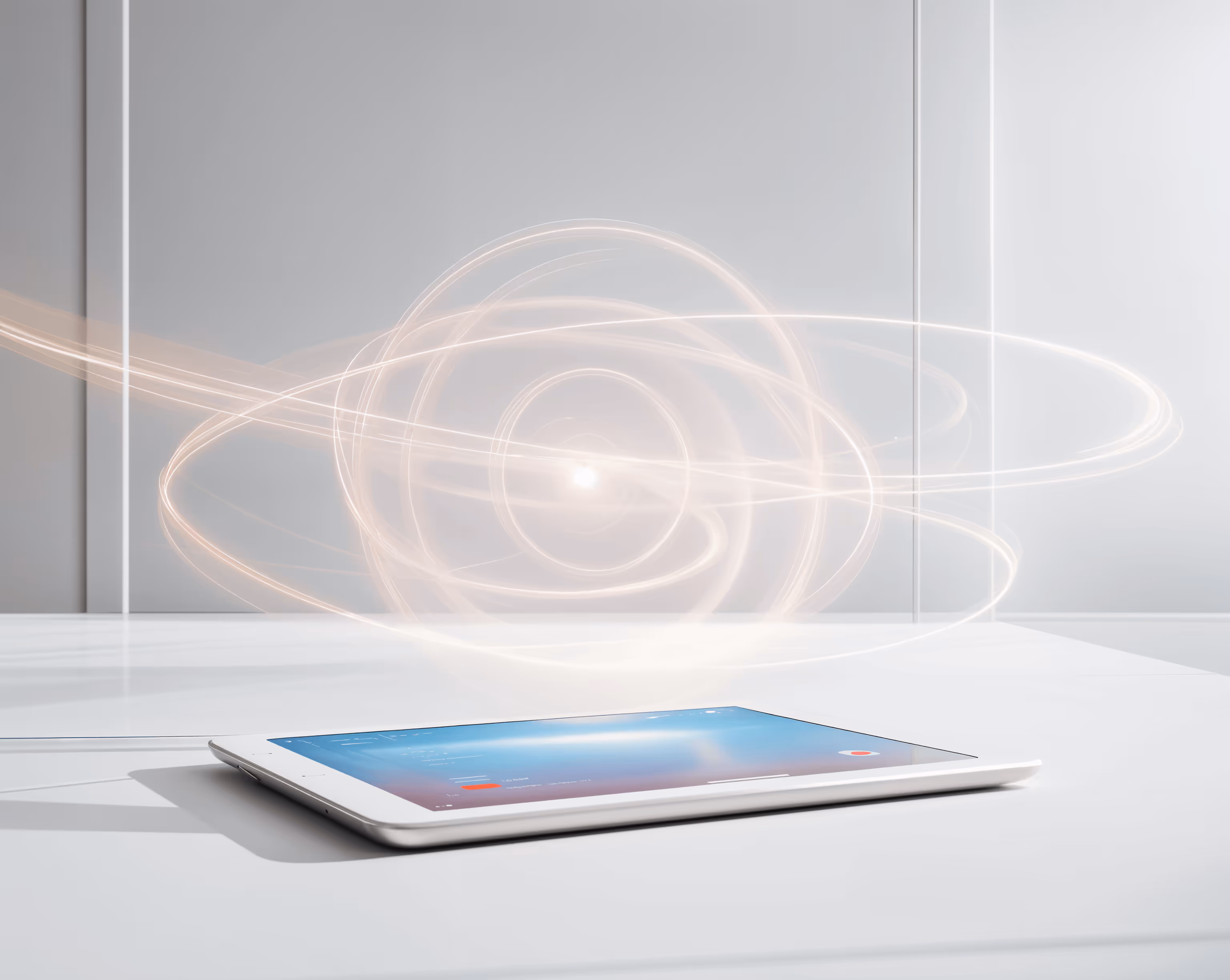 A tablet in a minimal setting with a matrix of digital lines circling around a  glowing core